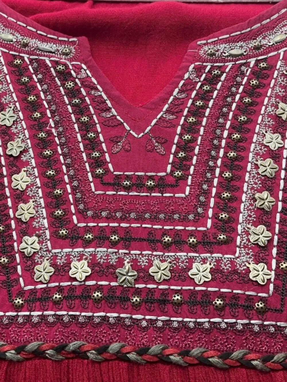 Easel Med Dark Red Boho Tunic Dress Embroidered Flowy Bell Sleeves - Picture 7 of 15
